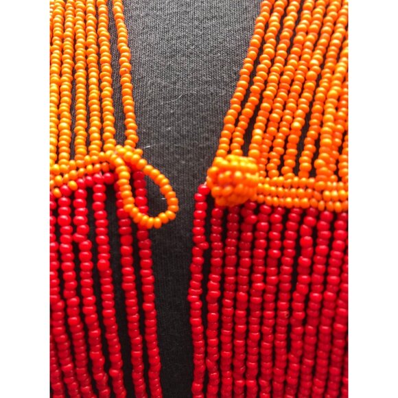 Vtg 1960's Seed Beaded Shawl With Beaded Button & Loop Orange Red Yellow African - Picture 9 of 10
